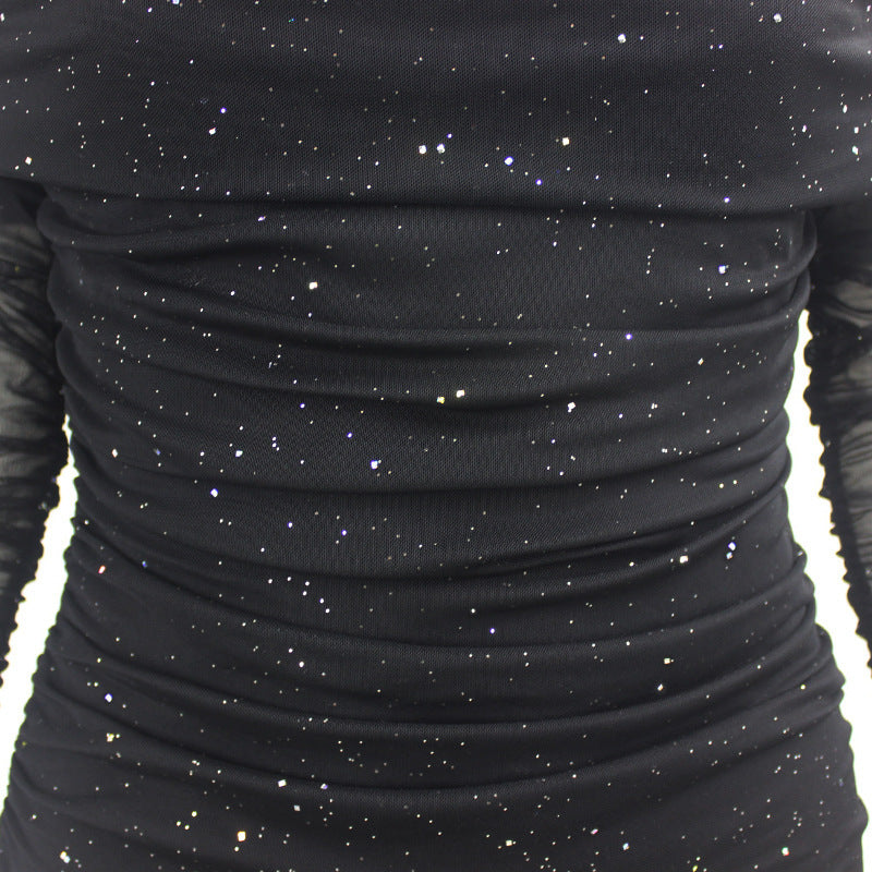 Voguable  2022 Women Sexy Backless Off Shoulder Mesh Long Sleeves Autumn Dress Black Glitter Mini DressesClub Party Bodycon Vestidos voguable