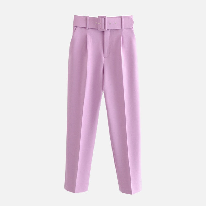 Voguable  Women's Pants High Waist With Belt Classic Pockets Office Lady Ankle Length Trousers Female 2022 Spring Fashion Pink Harem Pants voguable