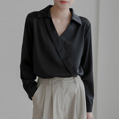 Fashion Elegant Slik Women Shirts Office Lady Tops Spring Casual Satin White Blouse V-neck Long Sleeve Shirt Blusa Mujer voguable