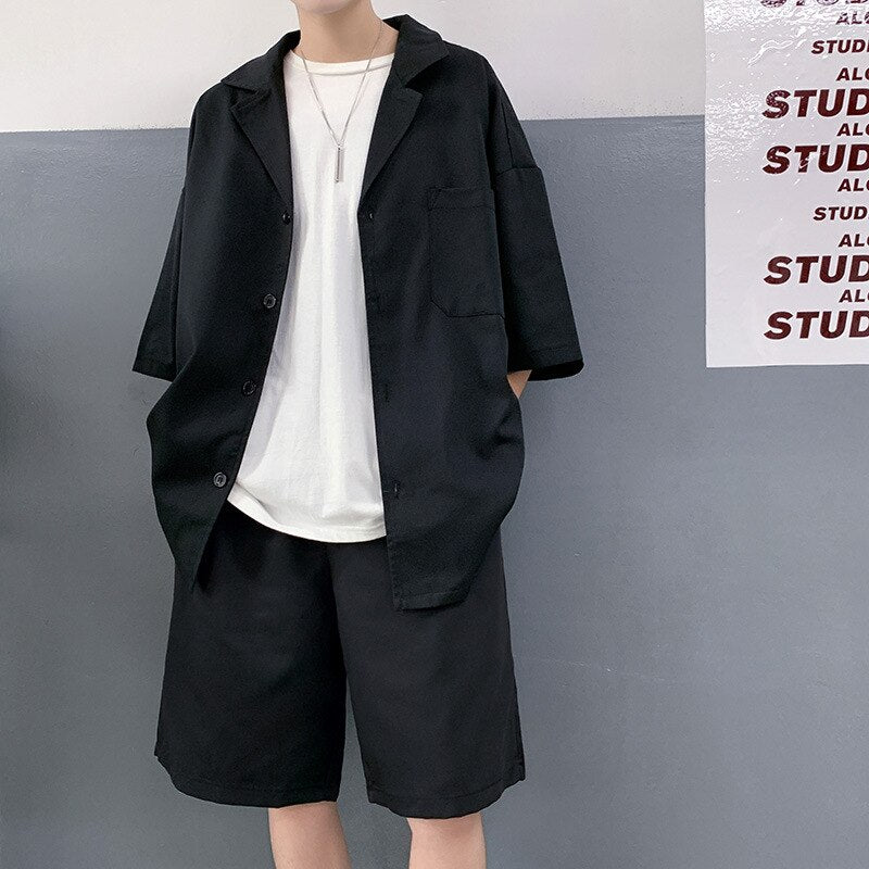 Blazers Sets Men Summer Thin Three Quarter Sleeve Outwear Korean Shorts Casual Chic Two Pieces Outfits Vintage Knee-length Male voguable