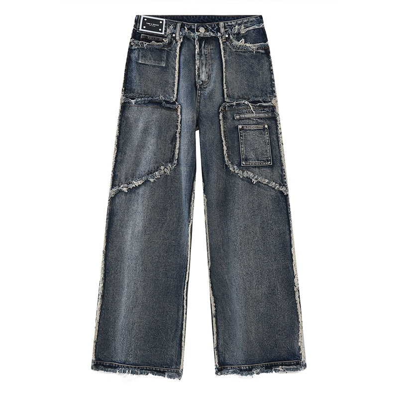 Men's Pants New Autumn Vintage Wash Rough Edge Straight Tube Splicing Male Jeans  High Street Wide Leg Trousers 9A5086 voguable