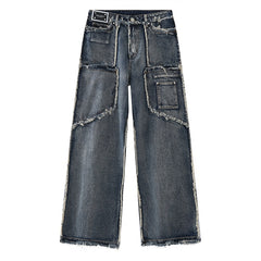 Men's Pants New Autumn Vintage Wash Rough Edge Straight Tube Splicing Male Jeans  High Street Wide Leg Trousers 9A5086 voguable