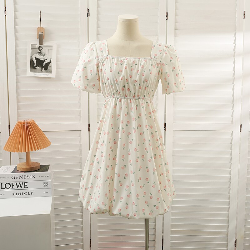 Voguable  Chic Dress Women 2022 Summer Floral Printed Square Collar Puff Sleeves High Waist Slim A-line Vintage Dresses voguable