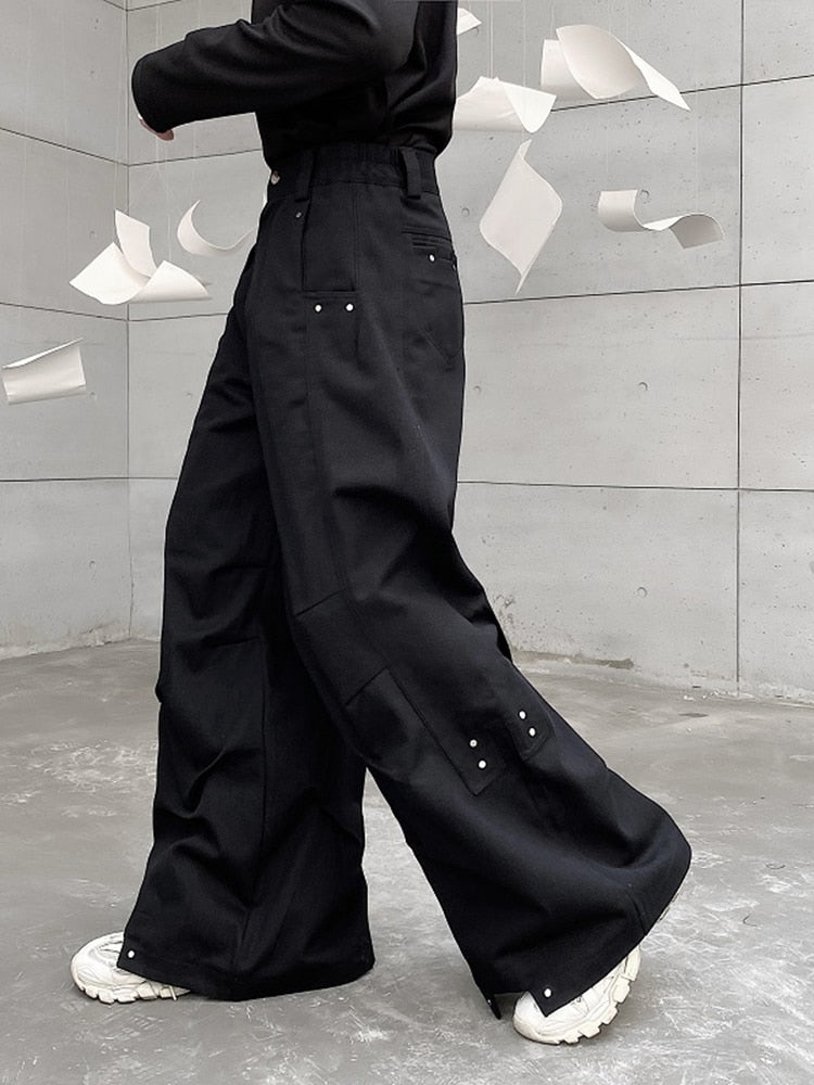 Men Pants Darkwear Pleats Loose Wide Leg Trousers Trend Solid Color New Autumn Fashion Pocket Male Japanese 9A5642 voguable