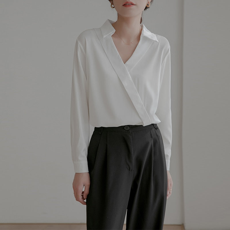 Fashion Elegant Slik Women Shirts Office Lady Tops Spring Casual Satin White Blouse V-neck Long Sleeve Shirt Blusa Mujer voguable