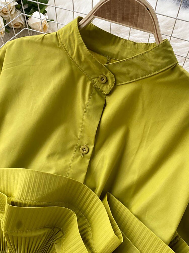 Spring Autumn Women New Draped Ruffle Blouse Vintage Stand Collar Puff Long Sleeve Single Shirt Slim Female Tops voguable