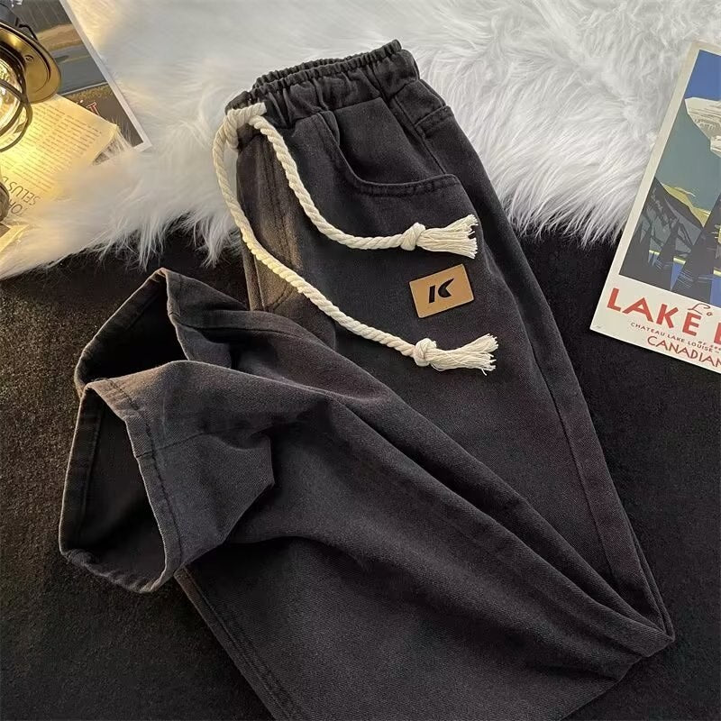 Spring New Women Vintage Jeans High Street Drawstring Wide Leg Female Denim Pants Fashion Straight Unisex Casual Trousers voguable