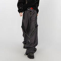 Niche PU Leather Design Zipper Men Pants Vertical Straight Trousers Contrast Color Winter High Street Male Darkwear voguable