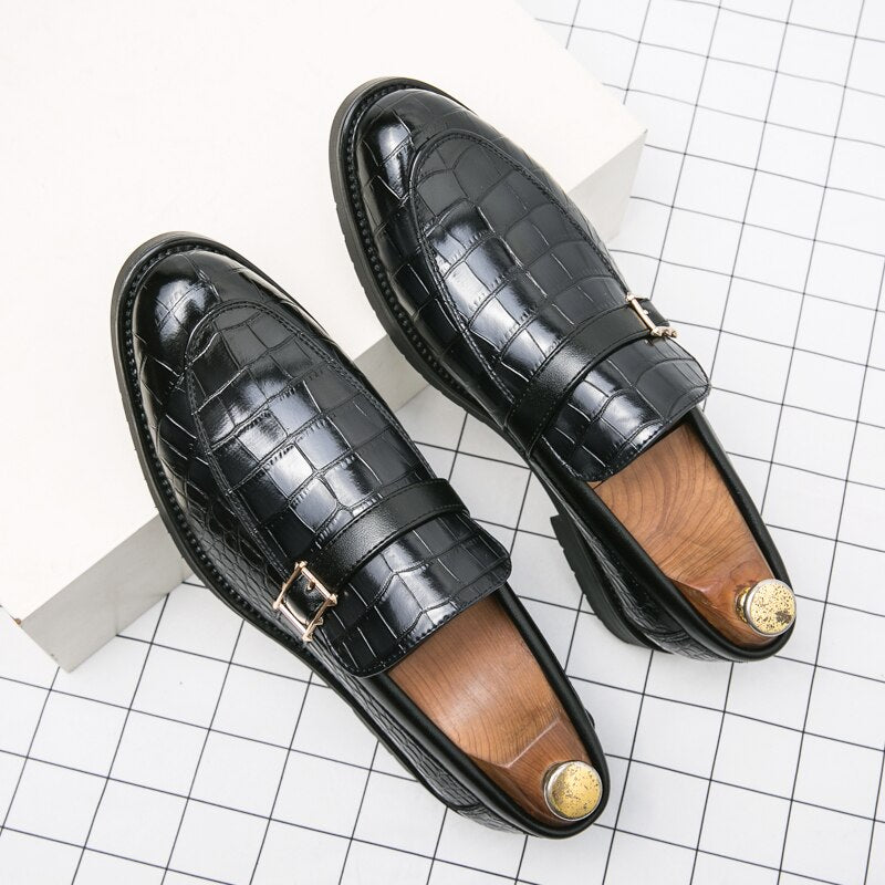 Loafers Men Crocodile Pattern PU Round Toe Monk Square Buckle Fashion Business Casual Wedding Party Daily Dress Shoes voguable