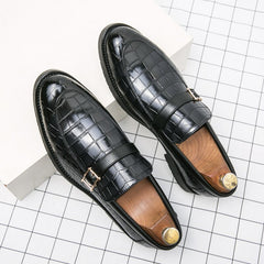 Loafers Men Crocodile Pattern PU Round Toe Monk Square Buckle Fashion Business Casual Wedding Party Daily Dress Shoes voguable