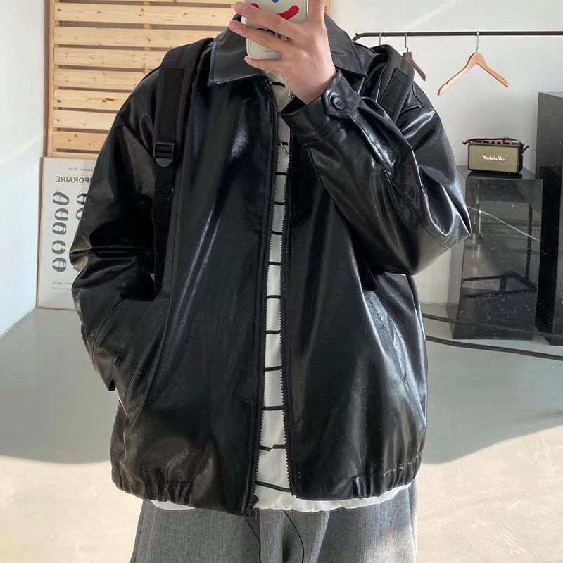 Voguable Pu Leather Jacket Men Brown Retro Motorcycle Jacket Autumn Korean Fashion Fried Street Loose Zipper Bomber Jacket Learher Coats voguable