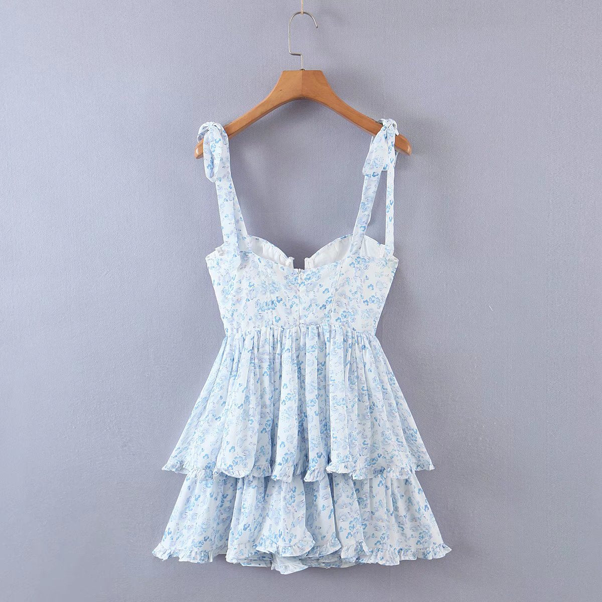 Voguable  Fashion Women Spaghetti Strap Ruffle Cake Chiffon Dress Sexy Ladies Floral Print Holiday Party Mini Dress Summer Robe voguable