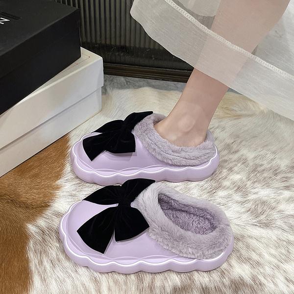 Med Fur Shoes Slippers Casual Slides Cover Toe Platform Slipers Women Butterfly-Knot Plush Luxury Flat Rome PU Fabric Fashi voguable