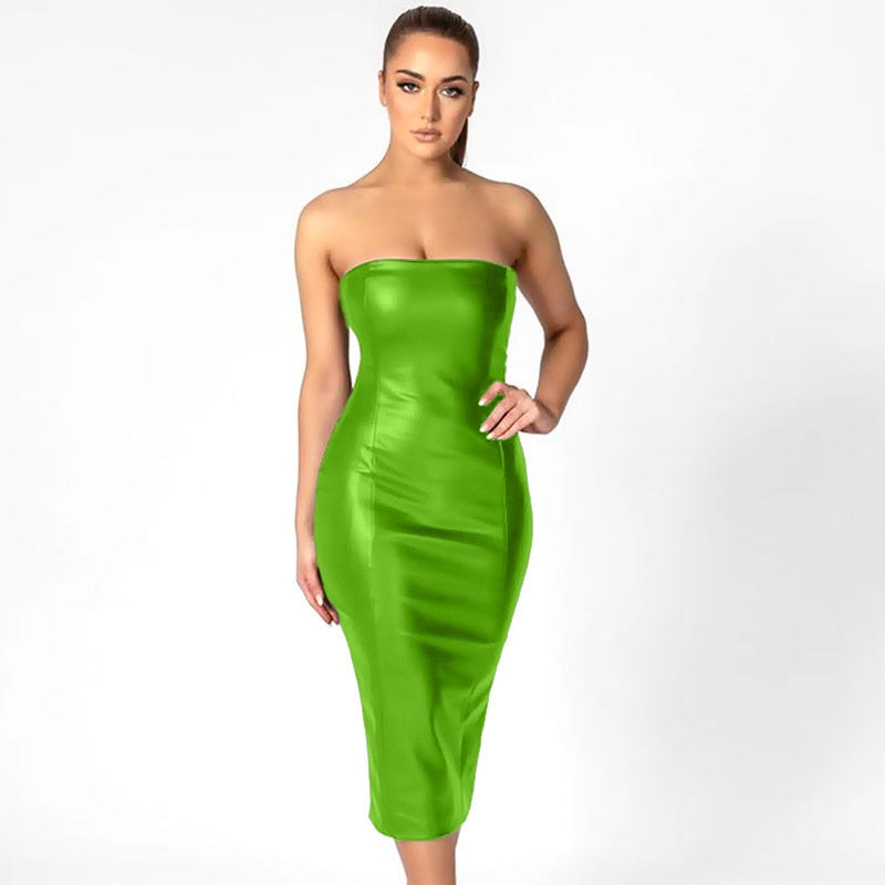Women Sexy Strapless Tube Top Midi Dress Off Shoulder Bodycon Sexy Party Faux Leather Dress vestidos de mujer party dresses voguable