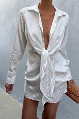 Print Lace-up Women's Dress Summer V-neck Sexy Dresses Vintage Long Sleeve Turn-down Collar Streetwear Mini Dress Casual voguable