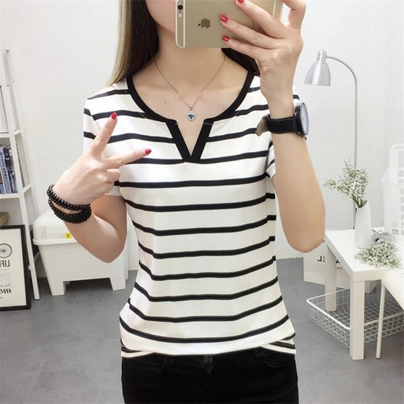 Stripes Womens T-Shirt V Collar T Shirts Skinny Half Sleeve Clothes Women Slim Under Wear Tshirt Casual Top Tees For Female voguable