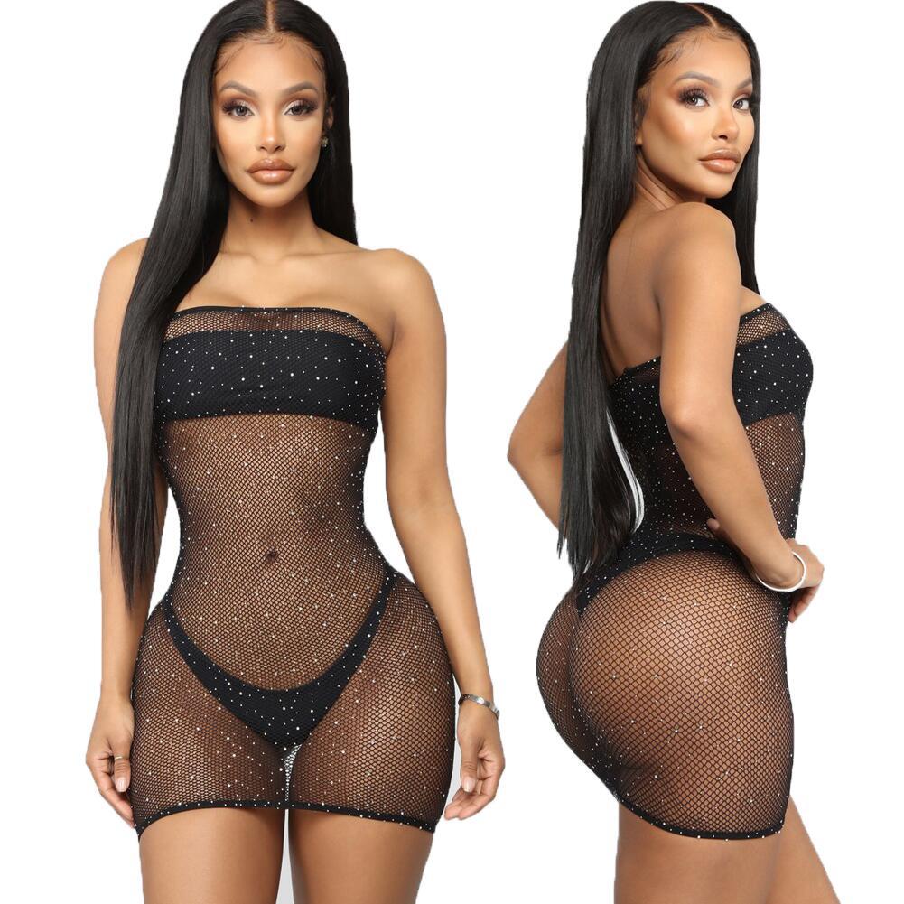 Voguable  Crystal Rhinestone Diamond Mesh Bikini Cover Up Women Sequin Fishnet Bling Strapless Dresses Female Swimsuit Ladies Bathing Suit voguable