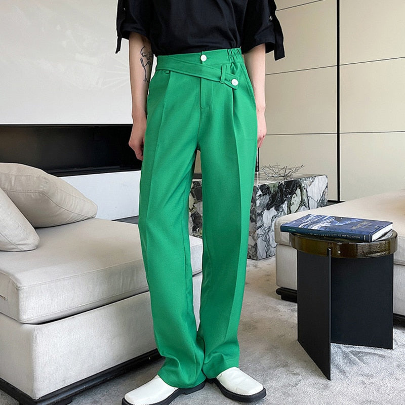 Korean Style Casual Bandage Simple Solid Color Men's Straight Pants Button Pocket Zipper Autumn New  Versatile voguable