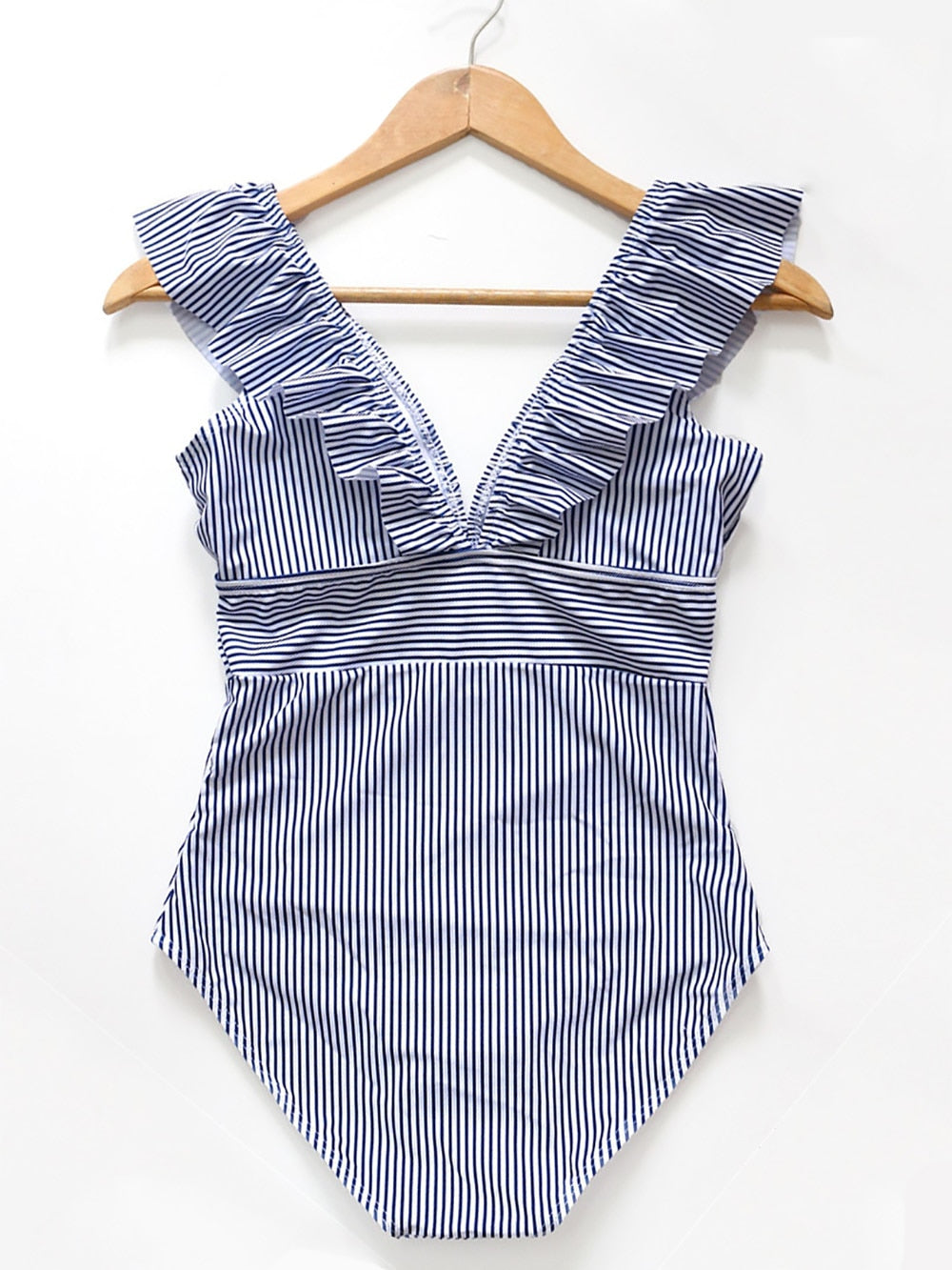 Voguable  2022 Sexy Female Retro V Neck Blue Striped Swimsuit One Piece Ruffled Push Up Padded High Waist Swimwear Women Monokini voguable