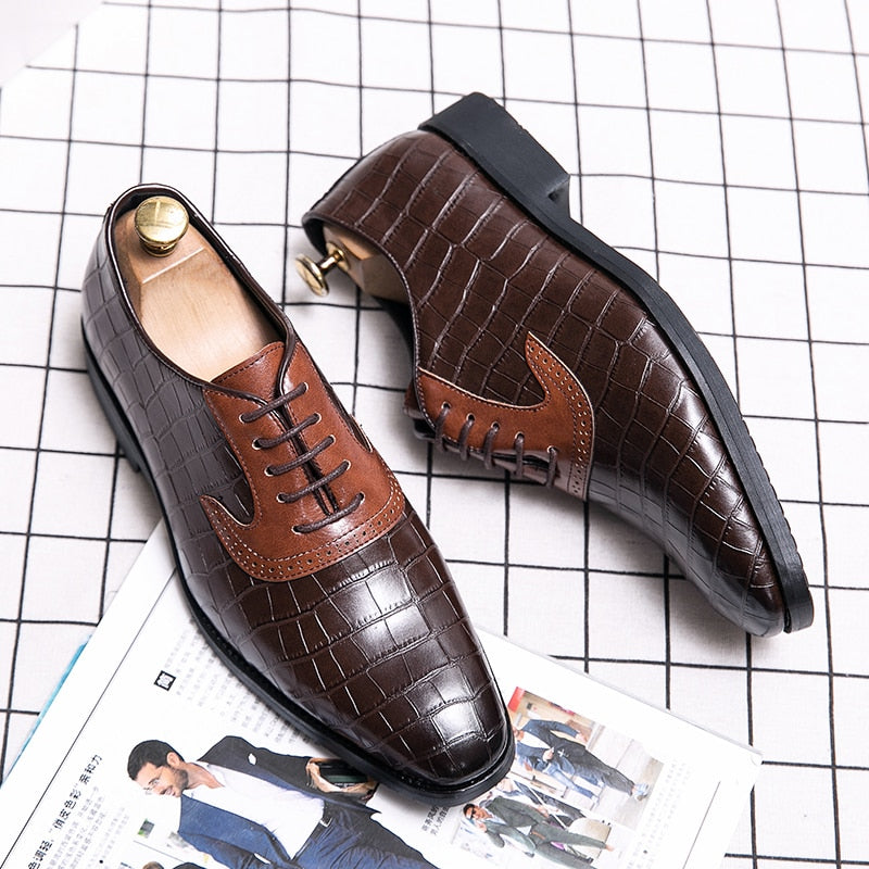 Oxford Shoes Men Shoes PU Color-blocking Classic Business Casual Banquet Daily Retro Crocodile Pattern Lace-up Dress Shoes voguable