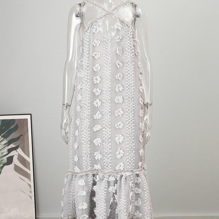 voguable 2022 Elegant Slip Holiday Hollow Out Sundress Sleeveless Halter Maxi Summer Dress For Women Fashion Ruffle Beach Long Robe voguable