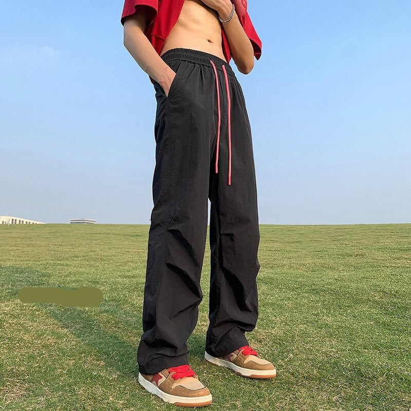 American Trend Y2k Parachute Casual Pants Mens Baggy Solid Color Quick Drying Cargo Pants Waterproof Ice Silk Straight Trousers voguable