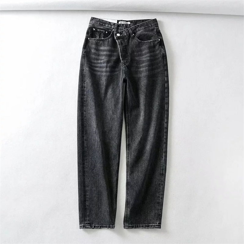 2022 Summer New Fashion Light Blue Women Asymmetric Fly Jeans With Button Closure Split Waist Straight Leg Jeans big size 2S4F voguable