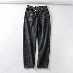 2022 Summer New Fashion Light Blue Women Asymmetric Fly Jeans With Button Closure Split Waist Straight Leg Jeans big size 2S4F voguable