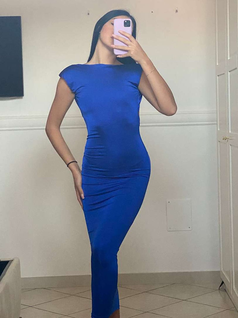 Voguable Sexy Backless Maxi Dress For Women Gown Summer Round Neck Sleeveless Night Club Party Long Dress Clubwear Vestido voguable