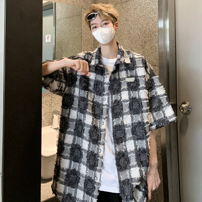 Shirts Men Plaid Vintage Summer Japanese Style Loose All-match Casual Handsome Streetwear Cool Fashion Teens Clothing Simple New voguable