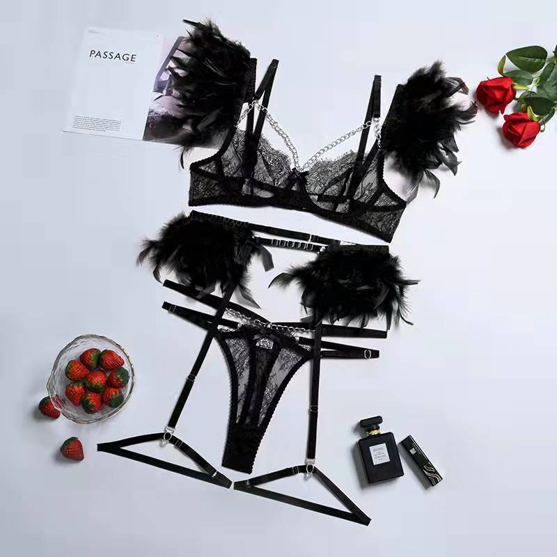 Voguable Feathers Underwear Set See Through Sexy Lingerie Set Woman 3 Pieces Lace Bra Chain Transparent Intimate Erotic Garters voguable