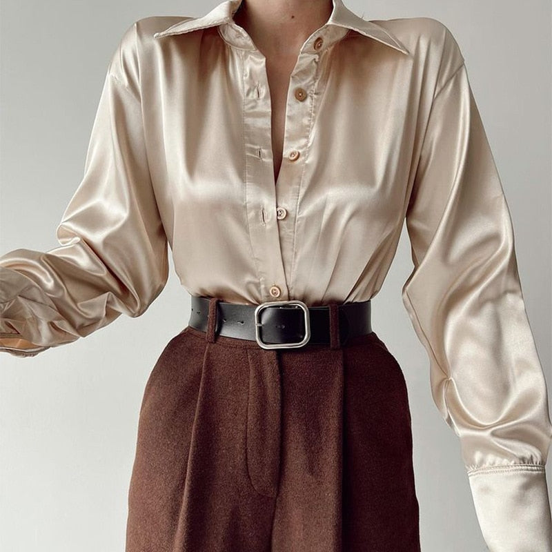 Elegant Satin Long Sleeve Blouses Women Vintage Blue Green Silk Shirt Women Casual Loose Button Up Female Shirts Tops voguable