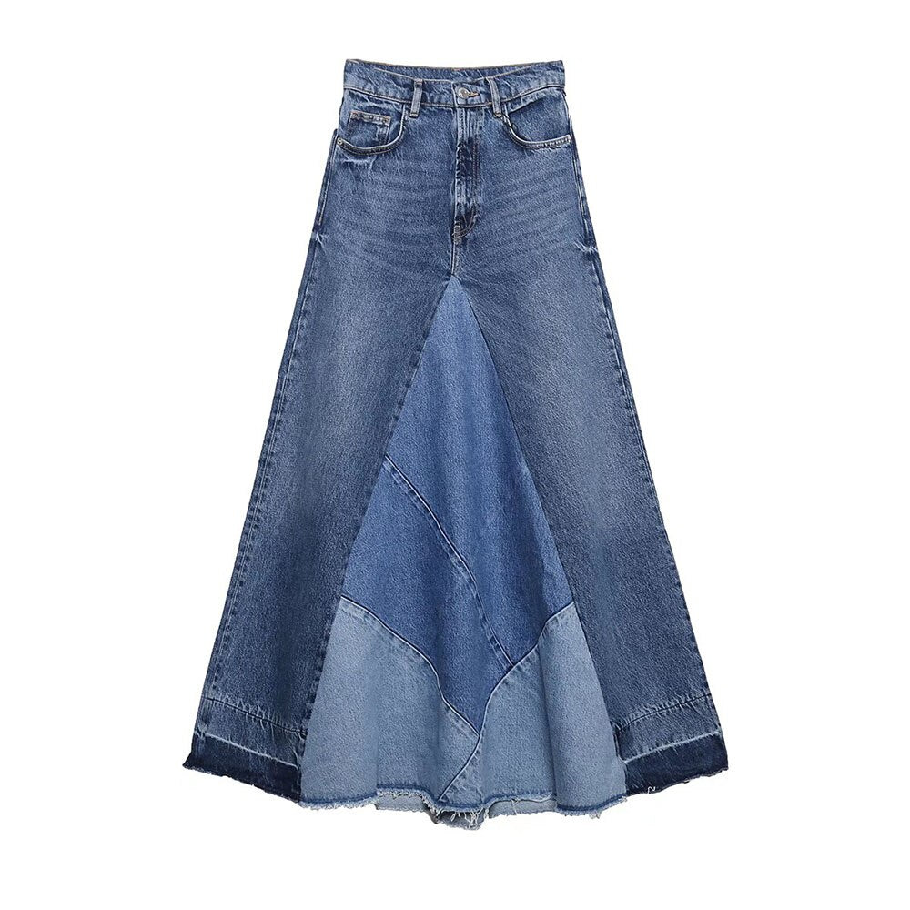 Voguable  denim skirt 2022 spring new women's clothing Versatile fashion high waist contrast color patchwork casual denim skirt series voguable