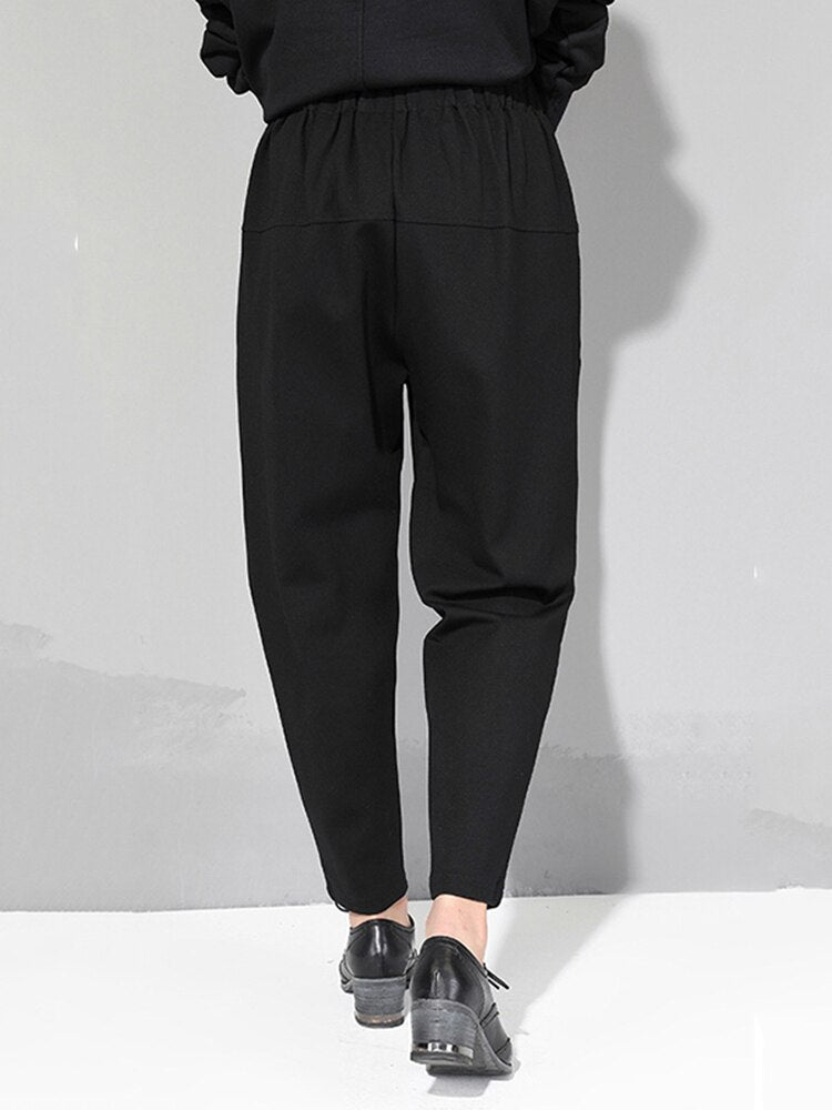 New Spring Autumn High Elastic Waist Black Loose Patchwork Split Joint Brief Pants Women Trousers Fashion Tide voguable