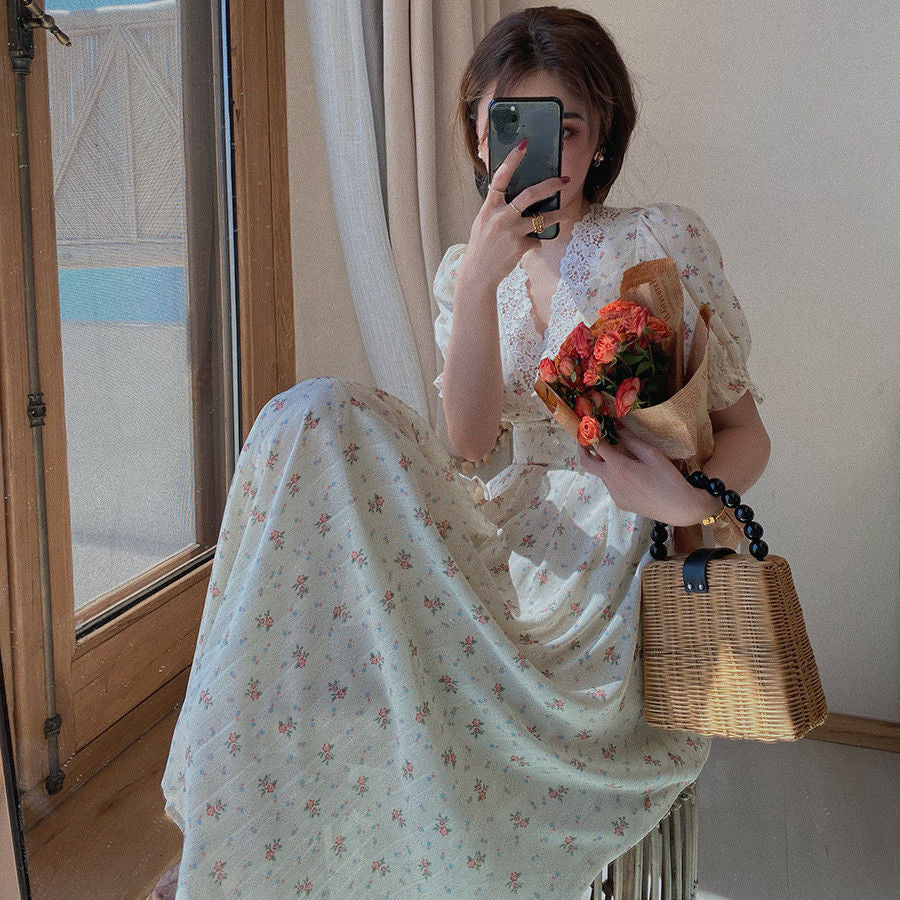 Vintage Floral Dress Women Elegant Lace Chiffon Korean Party Dress Puff Sleeve V Neck Midi Dress Fall Dresses for Women New voguable
