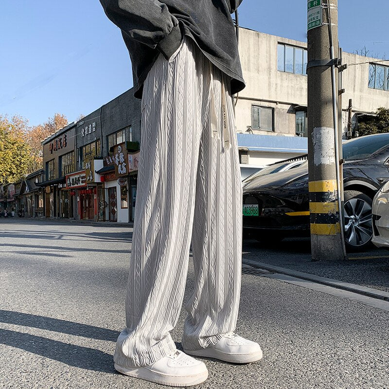 Summer New Drape Wave Striped Casual Pants Men's Loose American Oversized Wide Leg Pant Male Elastic Waist Street Sweatpant voguable