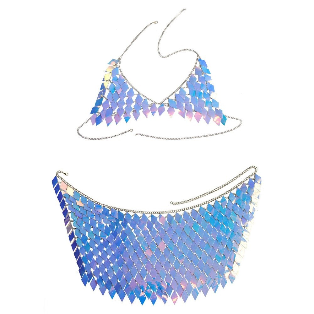 Voguable  lady Outfits Halter V-Neck Backless Camis Sexy Hollow Out Mini Skirt Summer Fashion Rave Festival Body Chain Set Rhombic Sequins voguable
