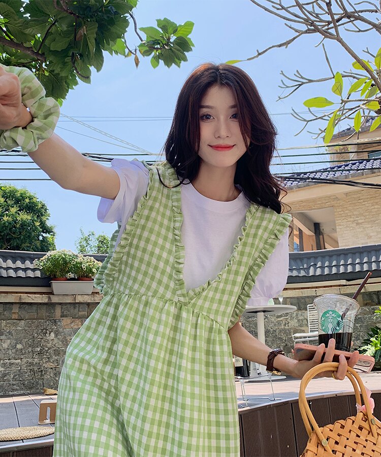 Korean Style Sweet Dress Suits for Women Summer 2 Two Piece Set Short Sleeve T-shirt + Loose Ruffle Plaid Vest Dress Vintage voguable