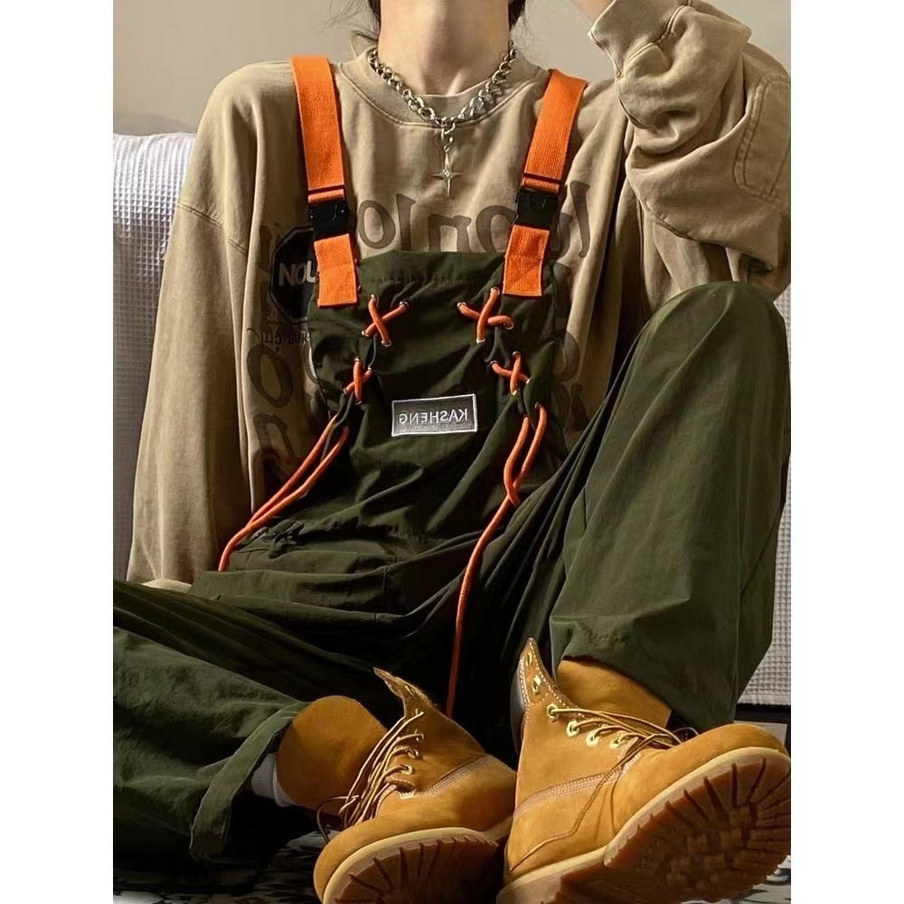 Men's Fashion Retro Army Green Work Suspenders American Streetwear Casual Pants Loose Fashion Trousers Romper Jumpsuit voguable