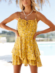 Women Clothing Frill Trim Neck Tie Spaghetti Strap Beach Summer Dress Back Smocked Ruffle Hem Vacation Floral Mini Dress voguable