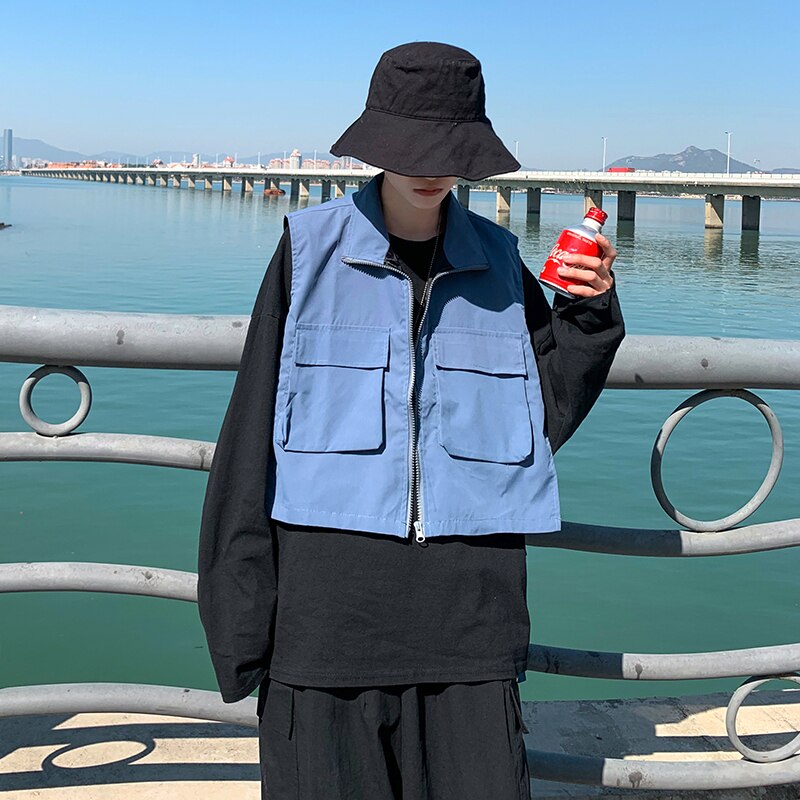 Cropped Vests Men Turn-down Collar High Street Techwear Tactic Sleeveless Jackets Spring Fashion Hip-hop Cargo Waistcoats Zipper voguable