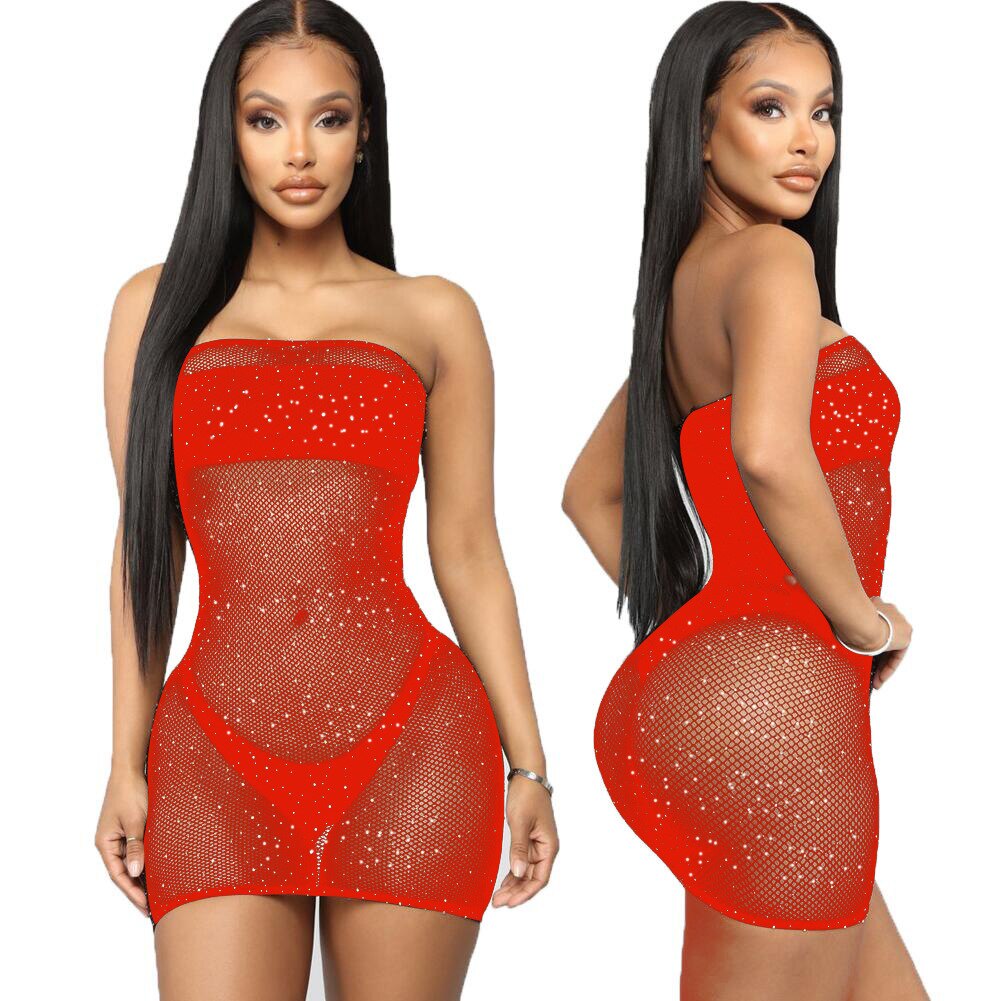 Voguable  Crystal Rhinestone Diamond Mesh Bikini Cover Up Women Sequin Fishnet Bling Strapless Dresses Female Swimsuit Ladies Bathing Suit voguable