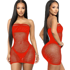 Voguable  Crystal Rhinestone Diamond Mesh Bikini Cover Up Women Sequin Fishnet Bling Strapless Dresses Female Swimsuit Ladies Bathing Suit voguable