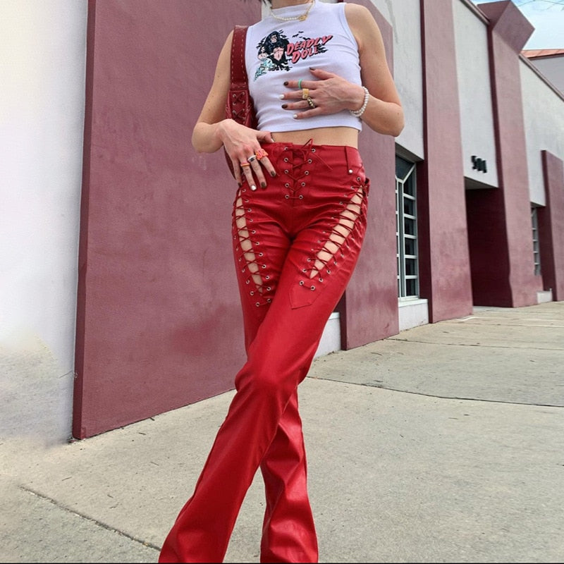 Women's Lace Up PU Leather Pants Chic High Waist Hollow Out Sexy Y2K Drawstring Bandage Cut Out Gothic Faux Leather Trousers voguable