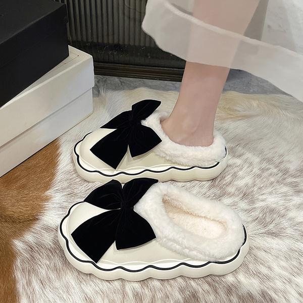 Med Fur Shoes Slippers Casual Slides Cover Toe Platform Slipers Women Butterfly-Knot Plush Luxury Flat Rome PU Fabric Fashi voguable