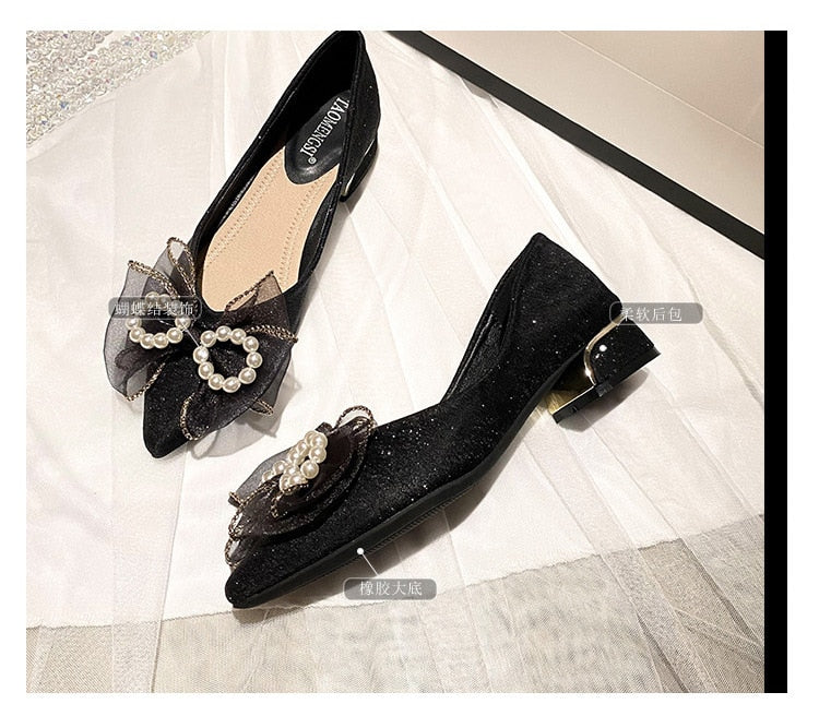 Low Heels Pearl Decorateion Shallow Mouth Shoes Casual Female Sneakers All-Match Round Toe Bow-Knot Large Size Women Flats Modis voguable