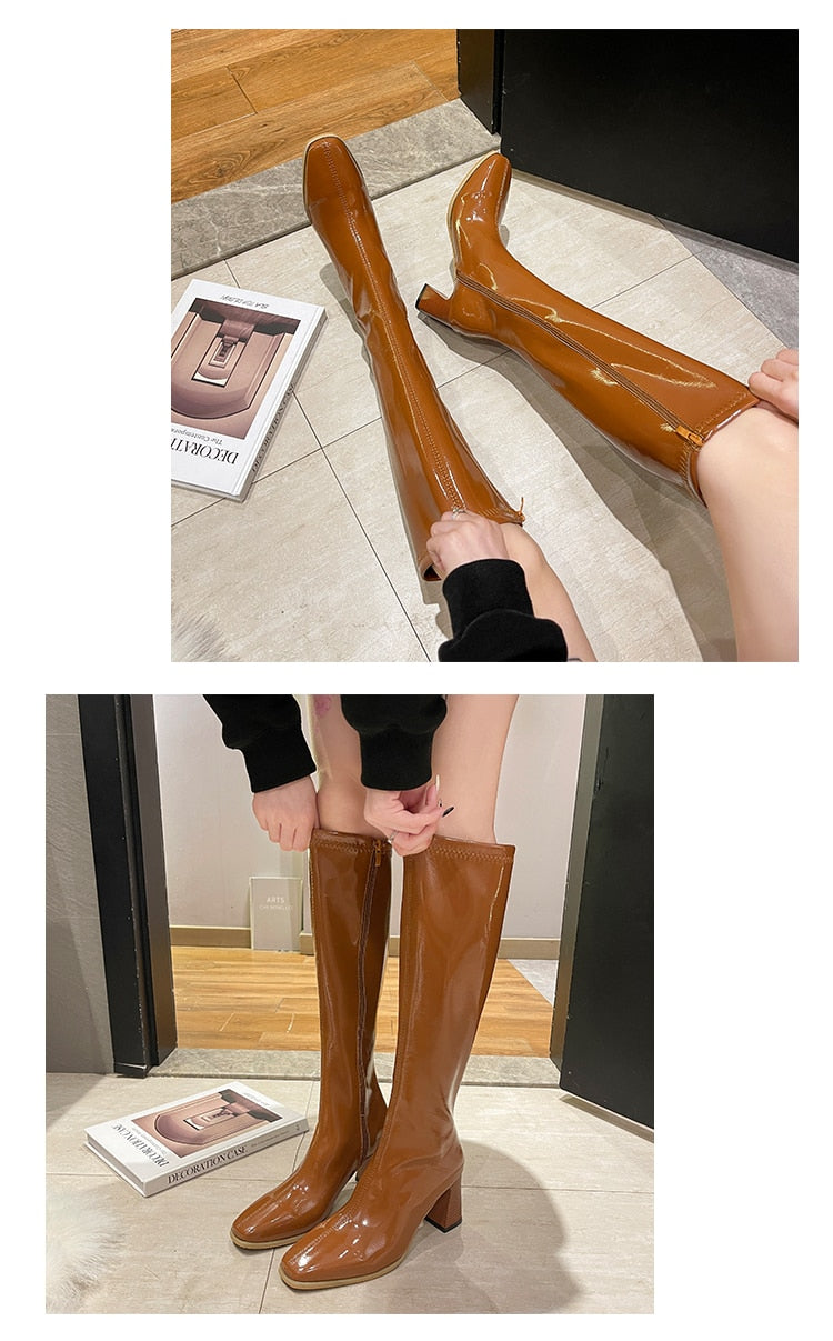 Women Boots Over Knee Female Shoes Zipper Boots-Women Over-the-Knee Ladies High Heel Autumn Leather Rubber White Rome Micro voguable