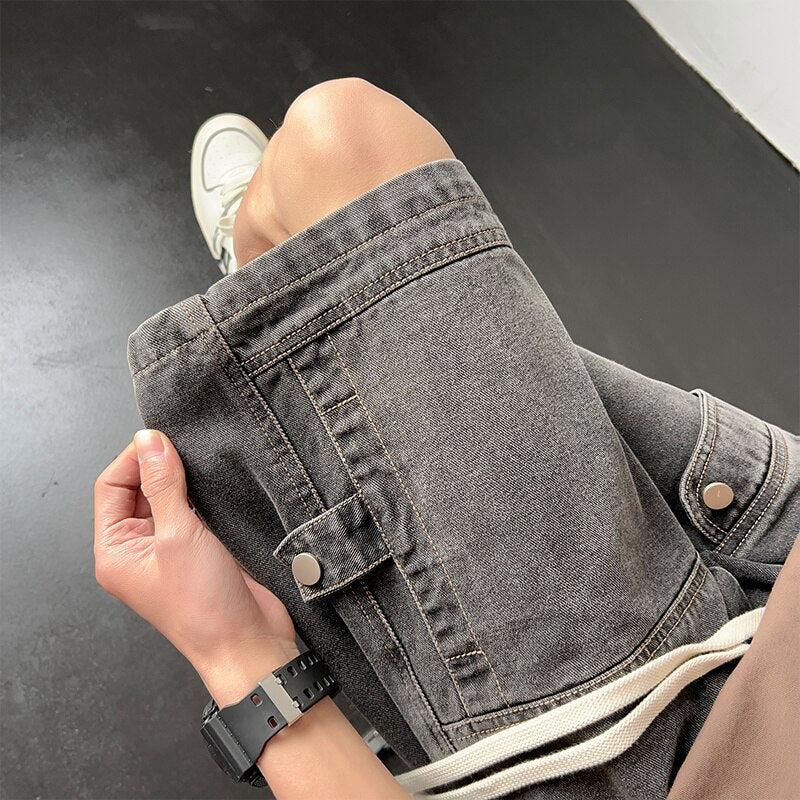 Summer Denim Shorts Men Fashion Retro Pocket Denim Shorts Mens Japanese Streetwear Hip Hop Loose Straight Cargo Jeans Shorts Men voguable