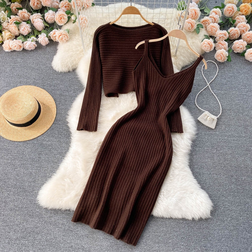 Women Elegant Slim Two Piece Sets Female Sweater Dress Autumn Winter High Waist Knitted Ensemble Femme Medium Long Party Dresses voguable