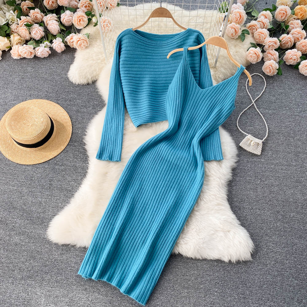 Women Elegant Slim Two Piece Sets Female Sweater Dress Autumn Winter High Waist Knitted Ensemble Femme Medium Long Party Dresses voguable